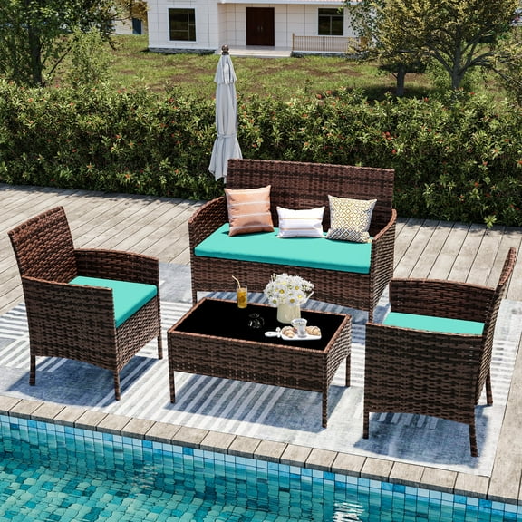 UDPATIO 4 Pieces Outdoor Patio Furniture,Sectional Conversation Sets,Brown PE Rattan Patio Chairs with Table and Loveseat for Balcony, Porch, Backyard,(Turquoise Cushion)
