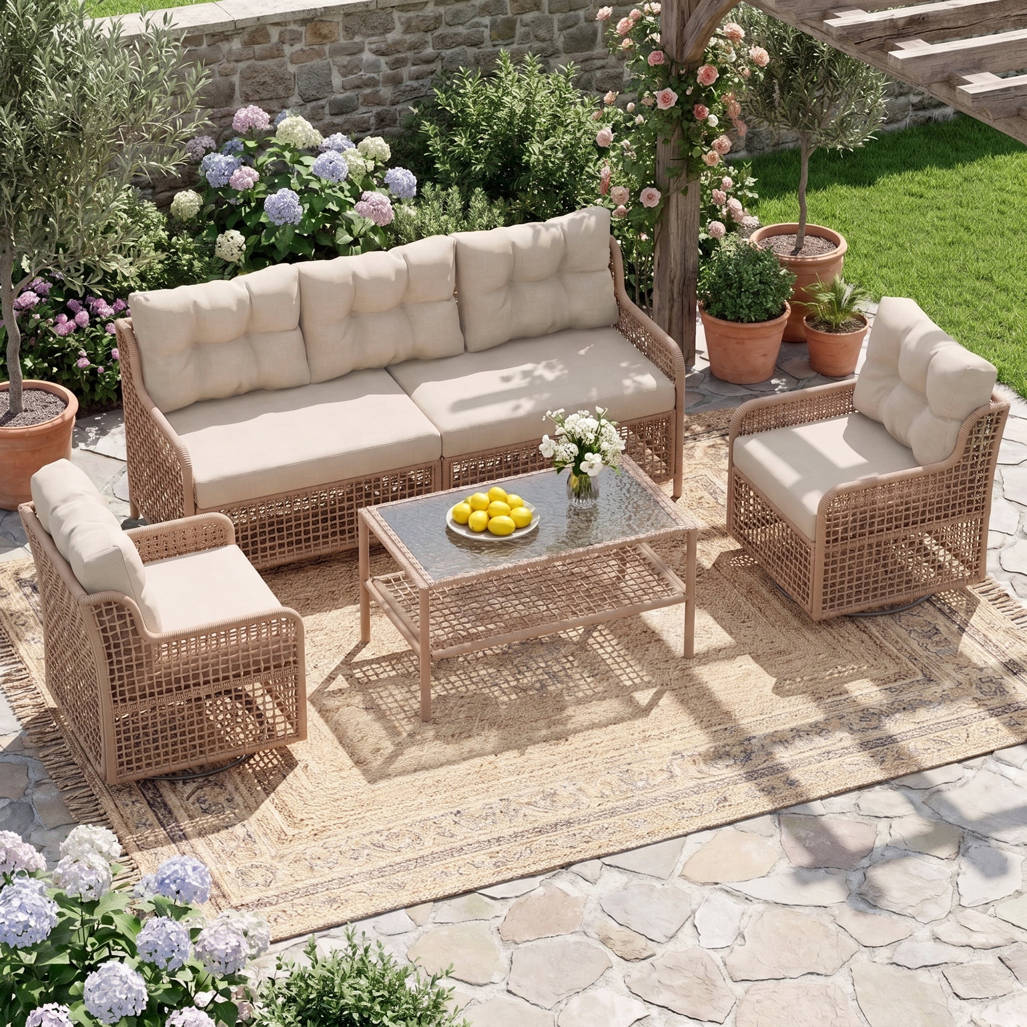 UDPATIO Patio Conversation Set, Rattan Wicker Furniture, 4 Piece Outdoor Sectional Set with Coffee Table & All-Weather Wicker, Beige