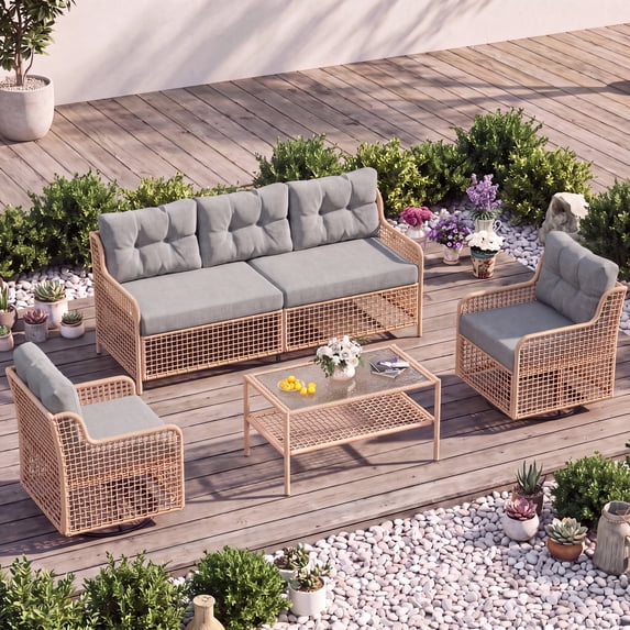 UDPATIO Patio Conversation Set, Rattan Wicker Furniture, 4 Piece Outdoor Sectional Set with Coffee Table & All-Weather Wicker, Grey