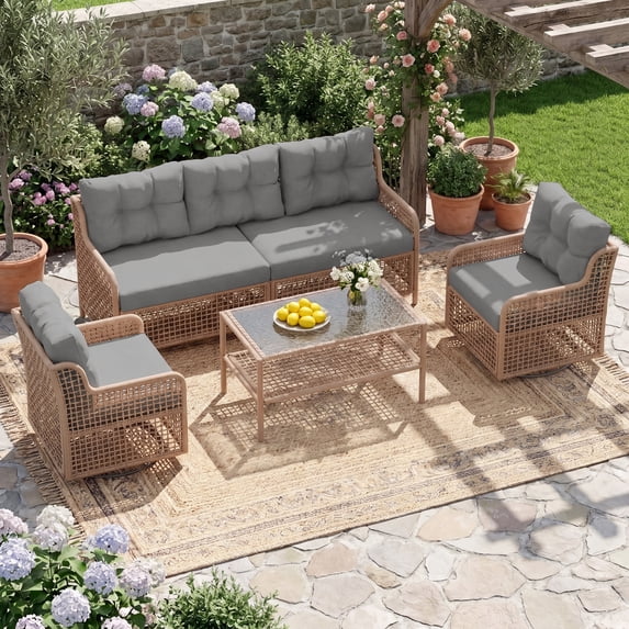 UDPATIO Patio Conversation Set, Rattan Wicker Furniture, 4 Piece Outdoor Sectional Set with Coffee Table & All-Weather Wicker, Grey