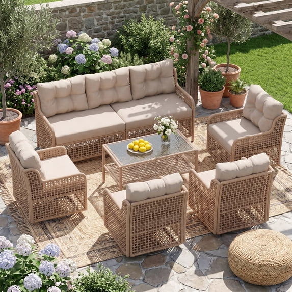 UDPATIO Patio Conversation Set, Rattan Wicker Furniture, 6 Piece Outdoor Sectional Set with Coffee Table & All-Weather Wicker, Beige
