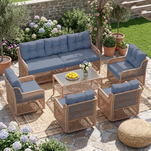UDPATIO Patio Conversation Set, Rattan Wicker Furniture, 6 Piece Outdoor Sectional Set with Coffee Table & All-Weather Wicker, Navy Blue