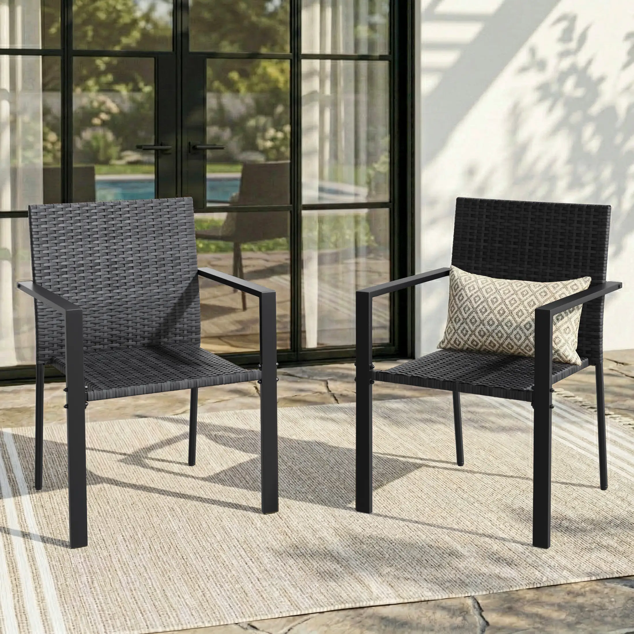 UDPATIO Patio Dining Chairs Set of 2 Stackable Outdoor Wicker Dining Chairs,All-Weather Patio Armchairs with Armrests,Rustproof Steel Frame,Ergonomic Comfort for Backyard, Deck,Garden,Black