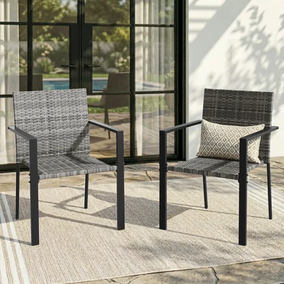 UDPATIO Patio Dining Chairs Set of 2 Stackable Outdoor Wicker Dining Chairs, All-Weather Patio Armchairs with Armrests, Rustproof Steel Frame, Ergonomic Comfort for Backyard, Deck, Garden,Grey