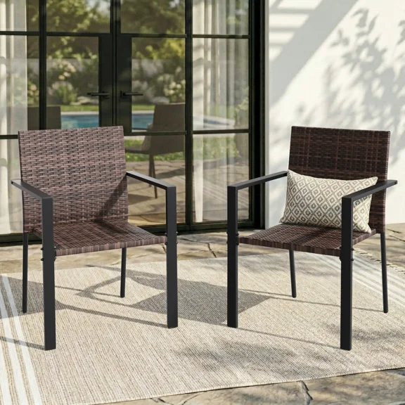 UDPATIO Patio Dining Chairs Set of 2 Stackable Outdoor Wicker Dining Chairs, All-Weather Patio Armchairs with Armrests, Rustproof Steel Frame, Ergonomic Comfort for Backyard, Deck, Garden,Brown