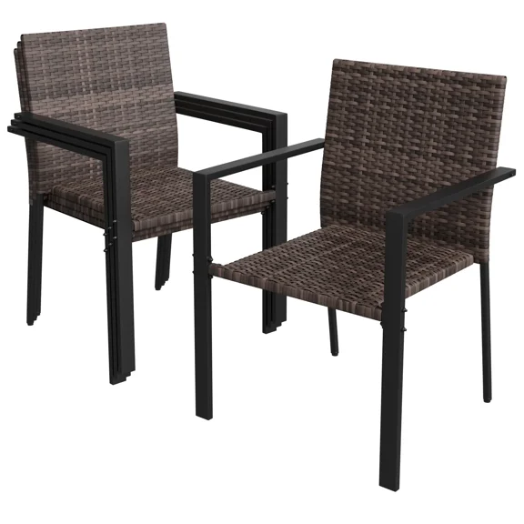 UDPATIO Patio Dining Chairs Set of 4 Stackable Outdoor Wicker Dining Chairs, All-Weather Patio Armchairs with Armrests, Rustproof Steel Frame, Ergonomic Comfort for Backyard, Deck, Garden,Brown