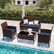 UDPATIO 4 Pieces Outdoor Patio Furniture,Sectional Conversation Sets,Brown PE Rattan Patio Chairs with Table and Loveseat for Balcony, Porch, Backyard, Navy Blue Cushion