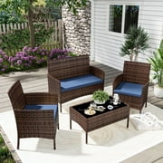 UDPATIO 4 Pieces Outdoor Patio Furniture,Sectional Conversation Sets,Brown PE Rattan Patio Chairs with Table and Loveseat for Balcony, Porch, Backyard,（Navy Blue Cushion）