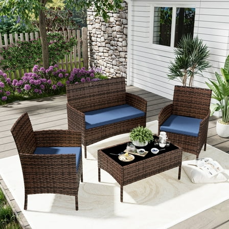 UDPATIO 4 Pieces Outdoor Patio Furniture,Sectional Conversation Sets,Brown PE Rattan Patio Chairs with Table and Loveseat for Balcony, Porch, Backyard,（Navy Blue Cushion）