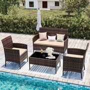 UDPATIO 4 Pieces Patio Furniture Sets,Outdoor Conversation Sets,Brown PE Rattan Patio Chairs with Table and Loveseat for Balcony, Porch, Backyard,（Khaki Cushion