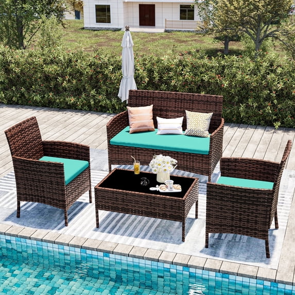 UDPATIO 4 Pieces Patio Furniture Sets,Outdoor Conversation Sets,Brown PE Rattan Patio Chairs with Table and Loveseat for Balcony, Porch, Backyard(Turquoise Cushion)