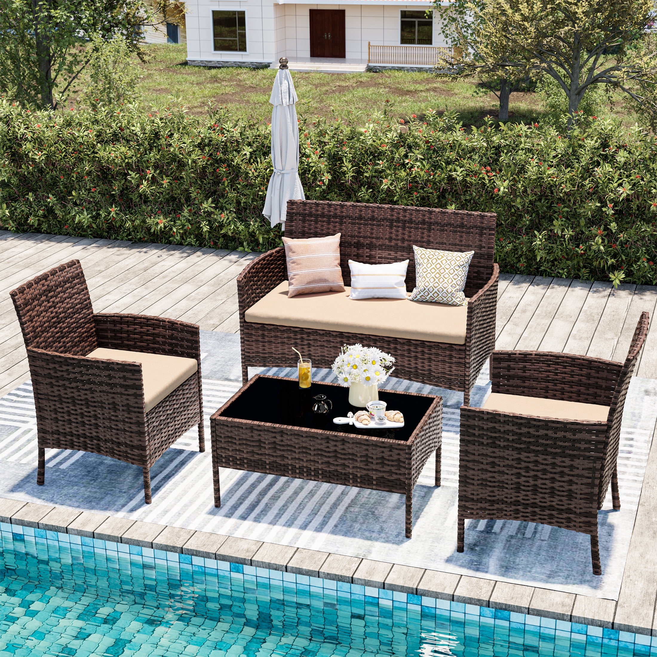 UDPATIO 4 Pieces Outdoor Patio Furniture,Sectional Conversation Sets,Brown PE Rattan Patio Chairs with Table and Loveseat for Balcony, Porch, Backyard,（Khaki Cushion）