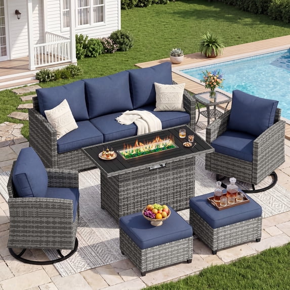 UDPATIO Patio Furniture Set with 44" Fire Pit Table, 6 Pieces Wicker Outdoor Couch with Rocking Swivel Chairs, Ottomans and Thick Cushions for Backyard, Blue