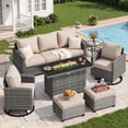 thumbnail image 1 of UDPATIO Patio Furniture Set with 44" Fire Pit Table, 6 Pieces Wicker Outdoor Couch with Rocking Swivel Chairs, Ottomans and Thick Cushions for Backyard, Khaki, 1 of 9