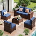 thumbnail image 1 of UDPATIO 6-Piece Patio Furniture Set, Outdoor Patio Sofa Set With Wide Armrest, All-Weather Wicker Rattan Guest Set With Cushion And Glass Table And Waterproof Cover, Brown & Navy Blue, 1 of 11