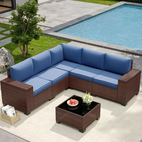 UDPATIO 6-Piece Patio Furniture Set, Outdoor Patio Sofa Set With Wide Armrest, All-Weather Wicker Rattan Guest Set With Cushion And Glass Table And Waterproof Cover, Brown & Navy Blue