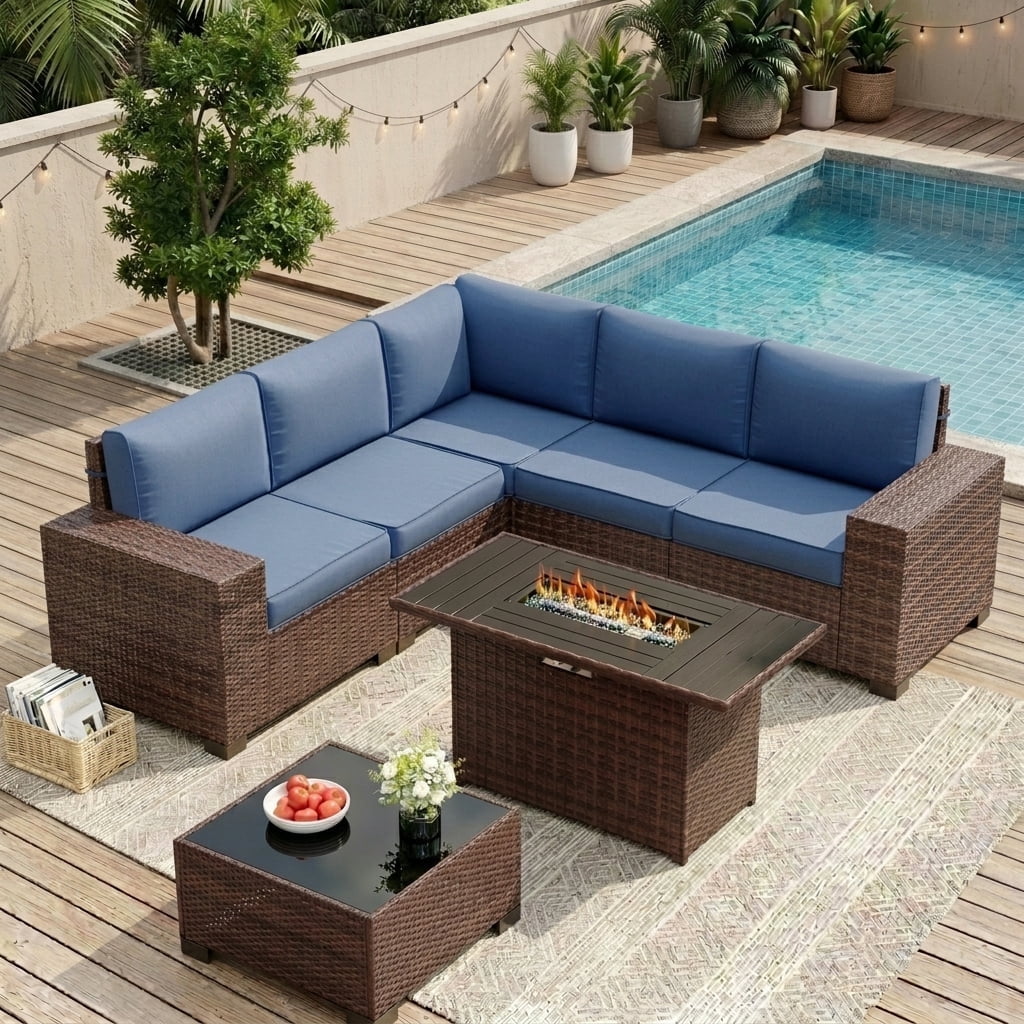 UDPATIO Patio Furniture Set with Fire Pit Table, Outdoor Patio Sofa Set With Wide Armrest, All-Weather Wicker Rattan Guest Set With Cushion And Glass Table And Waterproof Cover, Brown&Navy Blue