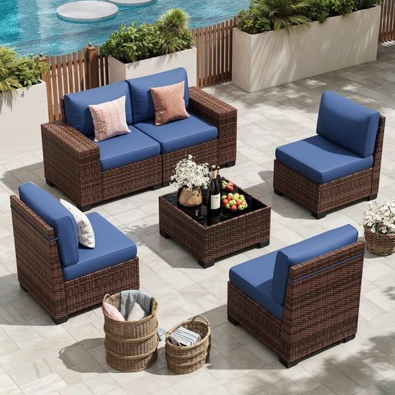 UDPATIO 6-Piece Patio Furniture Set, Outdoor Patio Sofa Set With Wide Armrest, All-Weather Wicker Rattan Guest Set With Cushion And Glass Table And Waterproof Cover, Brown & Navy Blue