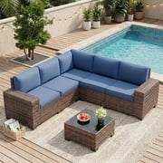 UDPATIO 6-Piece Patio Furniture Set, Outdoor Patio Sofa Set With Wide Armrest, All-Weather Wicker Rattan Guest Set With Cushion And Glass Table And Waterproof Cover, Brown & Navy Blue