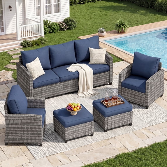 UDPATIO Patio Furniture Set, 5 Pieces Wicker Outdoor Couch with Chairs, Ottomans and Thick Cushions for Backyard, Blue