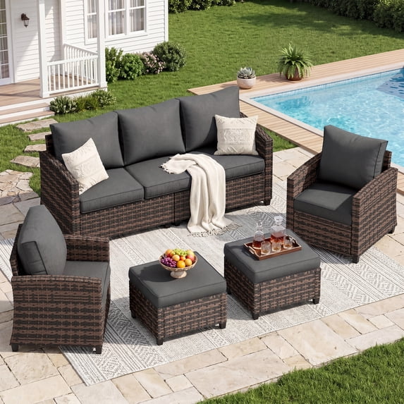 UDPATIO Patio Furniture Set, 5 Pieces Wicker Outdoor Couch with Chairs, Ottomans and Thick Cushions for Backyard, Grey