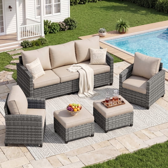 UDPATIO Patio Furniture Set, 5 Pieces Wicker Outdoor Couch with Chairs, Ottomans and Thick Cushions for Backyard, Khaki