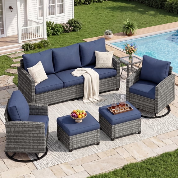 UDPATIO Patio Furniture Set, 6 Pieces Wicker Outdoor Couch with Rocking Swivel Chairs, Ottomans and Thick Cushions for Backyard, Blue