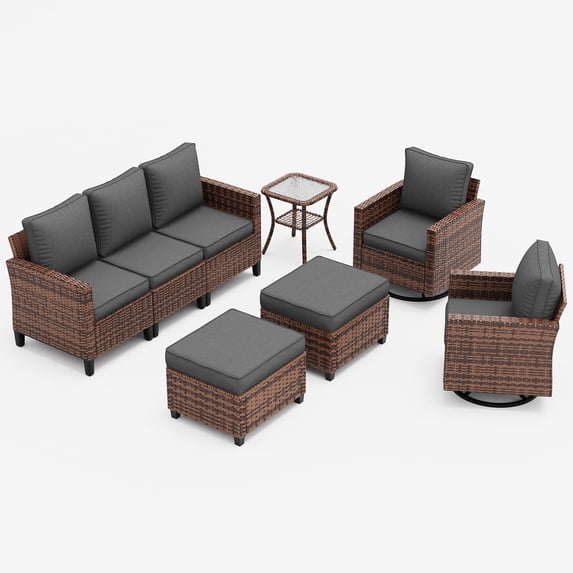 UDPATIO Patio Furniture Set, 6 Pieces Wicker Outdoor Couch with Rocking Swivel Chairs, Ottomans and Thick Cushions for Backyard, Grey