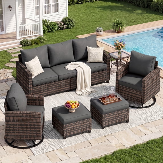 UDPATIO Patio Furniture Set, 6 Pieces Wicker Outdoor Couch with Rocking Swivel Chairs, Ottomans and Thick Cushions for Backyard, Grey