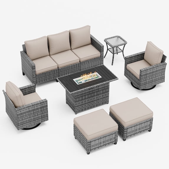 UDPATIO Patio Furniture Set, 6 Pieces Wicker Outdoor Couch with Rocking Swivel Chairs, Ottomans and Thick Cushions for Backyard, Khaki