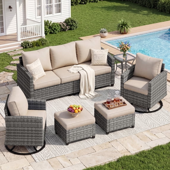 UDPATIO Patio Furniture Set, 6 Pieces Wicker Outdoor Couch with Rocking Swivel Chairs, Ottomans and Thick Cushions for Backyard, Khaki