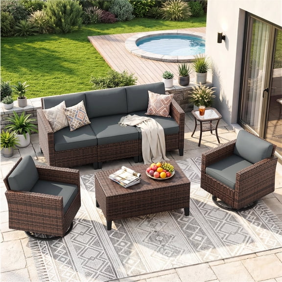 UDPATIO Patio Furniture Set, 7 Pieces Outdoor Furniture Sets with Rocking Swivel Chairs, Wicker Rattan Outdoor Conversation Set with Storage Table and Waterproof Covers for Backyard, Deck, Porch