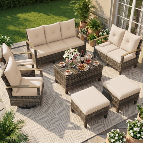 UDPATIO Patio Furniture Set, 7 Pieces Outdoor Furniture Sets with Rocking Swivel Chairs, Wicker Rattan Sofa Set with Storage Table for Backyard, Khaki