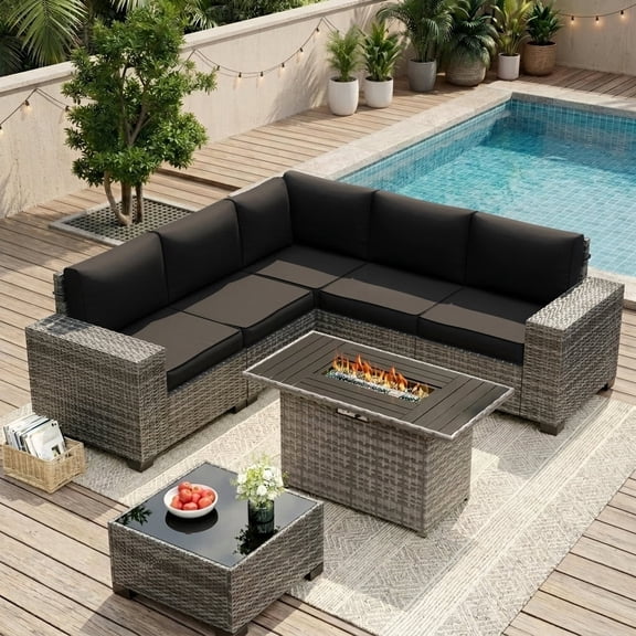 UDPATIO Patio Furniture Set with Fire Pit Table, Outdoor Patio Sofa Set With Wide Armrest, All-Weather Wicker Rattan Guest Set With Cushion And Glass Table And Waterproof Cover, Gray&Black