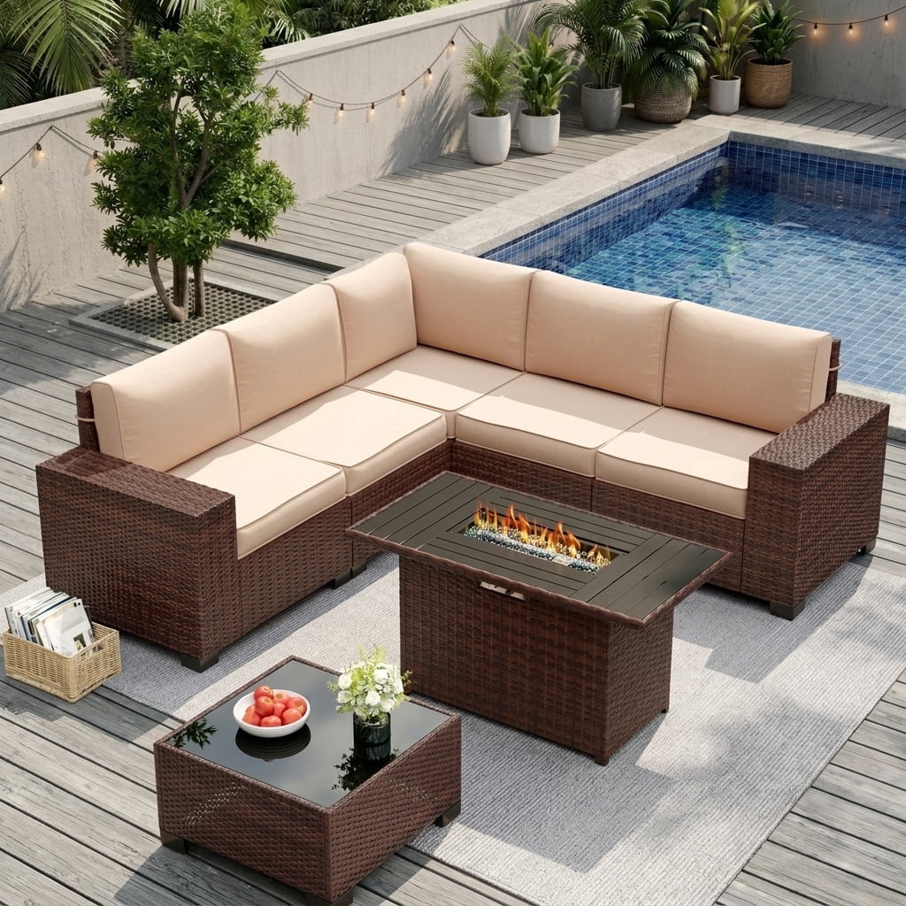 UDPATIO Patio Furniture Set with Fire Pit Table, Outdoor Patio Sofa Set With Wide Armrest, All-Weather Wicker Rattan Guest Set With Cushion And Glass Table And Waterproof Cover, Brown&Khaki
