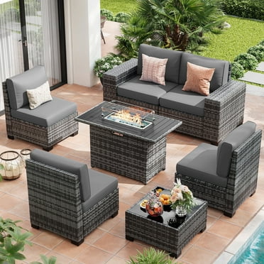 UDPATIO Patio Furniture Set with Fire Pit Table, Outdoor Patio Sofa Set With Wide Armrest, All-Weather Wicker Rattan Guest Set With Cushion And Glass Table And Waterproof Cover, Brown&Dark Gray