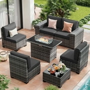 UDPATIO 6-Piece Patio Furniture Set, Outdoor Patio Sofa Set With Wide Armrest, All-Weather Wicker Rattan Guest Set With Cushion And Glass Table And Waterproof Cover, Brown & Dark Grey