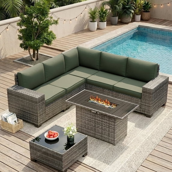 UDPATIO Patio Furniture Set with Fire Pit Table, Outdoor Patio Sofa Set With Wide Armrest, All-Weather Wicker Rattan Guest Set With Cushion And Glass Table And Waterproof Cover, Gray&Green