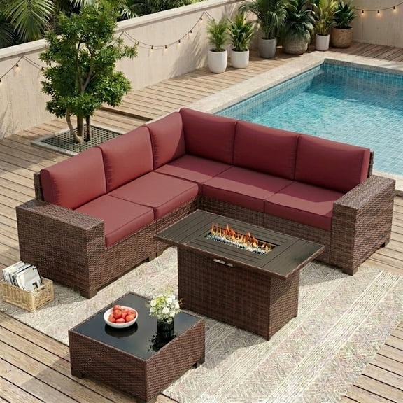 UDPATIO Patio Furniture Set with Fire Pit Table, Outdoor Patio Sofa Set With Wide Armrest, All-Weather Wicker Rattan Guest Set With Cushion And Glass Table And Waterproof Cover, Brown&Wine Red