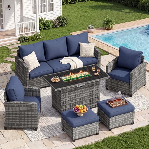 UDPATIO Patio Furniture Set with 44" Fire Pit Table, 5 Pieces Wicker Outdoor Couch with Chairs, Ottomans and Thick Cushions for Backyard, Blue