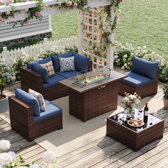 UDPATIO Patio Furniture Sets, Modular Rattan Outdoor Patio Sectional Furniture with 44" Fire Pit Table,, Wicker Patio Conversation Set for Backyard, Deck, Poolside w/Glass Coffee Table, 5PC Navy Blue