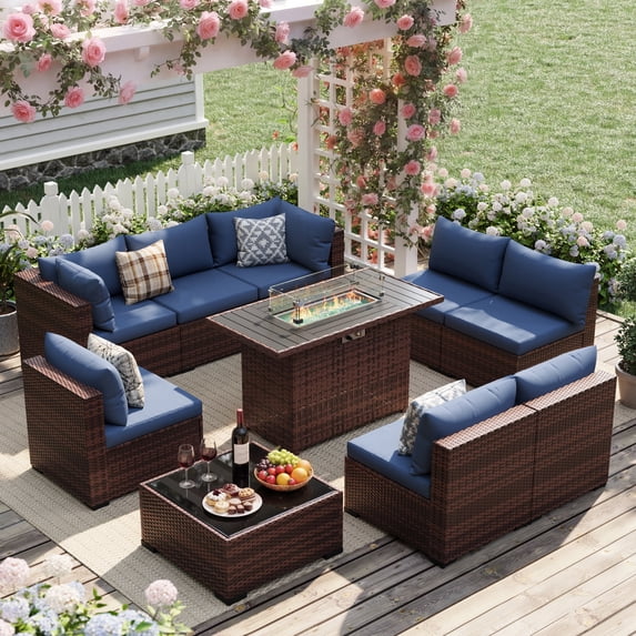 UDPATIO Patio Furniture Sets, Modular Rattan Outdoor Patio Sectional Furniture with 44" Fire Pit Table,, Wicker Patio Conversation Set for Backyard, Deck, Poolside w/Glass Coffee Table, 9PC Navy Blue