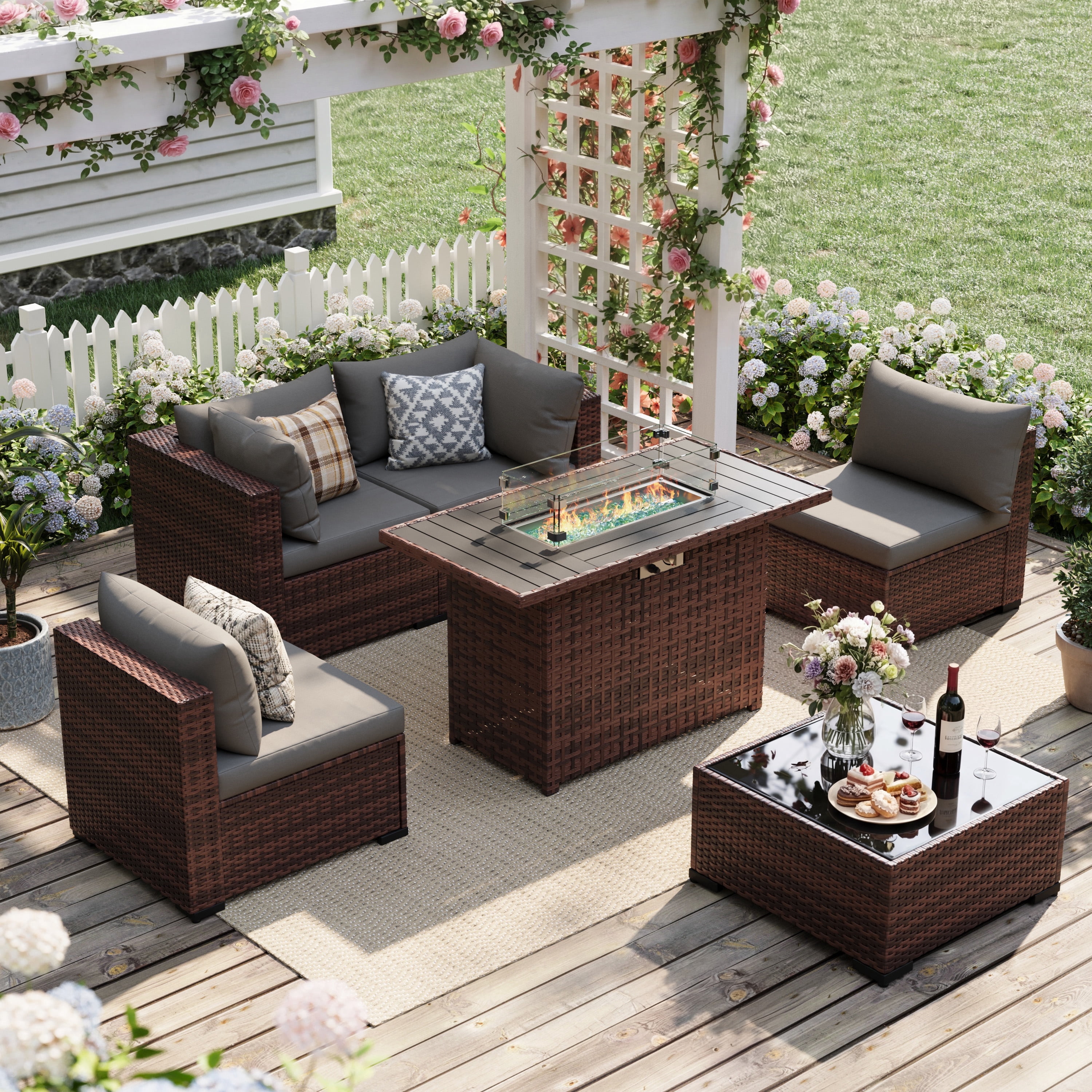 UDPATIO Patio Furniture Sets, Modular Rattan Outdoor Patio Sectional Furniture with 44" Fire Pit Table,, Wicker Patio Conversation Set for Backyard, Deck, Poolside w/Glass Coffee Table, 5PC Grey