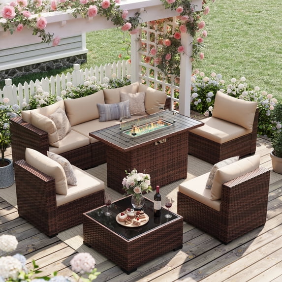 UDPATIO Patio Furniture Sets, Modular Rattan Outdoor Patio Sectional Furniture with 44" Fire Pit Table,, Wicker Patio Conversation Set for Backyard, Deck, Poolside w/Glass Coffee Table, 7PC Khaki