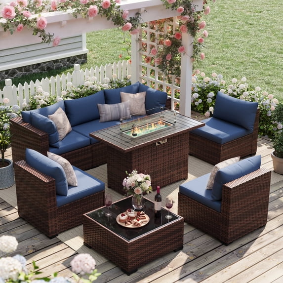 UDPATIO Patio Furniture Sets, Modular Rattan Outdoor Patio Sectional Furniture with 44" Fire Pit Table,, Wicker Patio Conversation Set for Backyard, Deck, Poolside w/Glass Coffee Table, 7PC Navy Blue