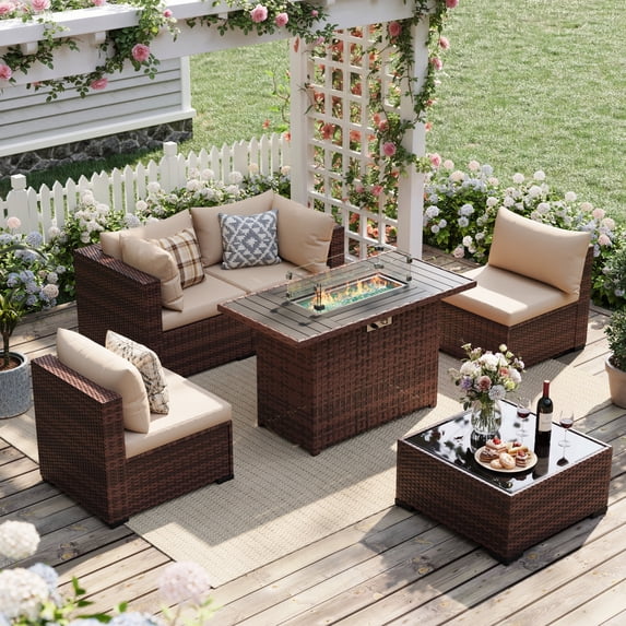 UDPATIO Patio Furniture Sets, Modular Rattan Outdoor Patio Sectional Furniture with 44" Fire Pit Table,, Wicker Patio Conversation Set for Backyard, Deck, Poolside w/Glass Coffee Table, 5PC Khaki