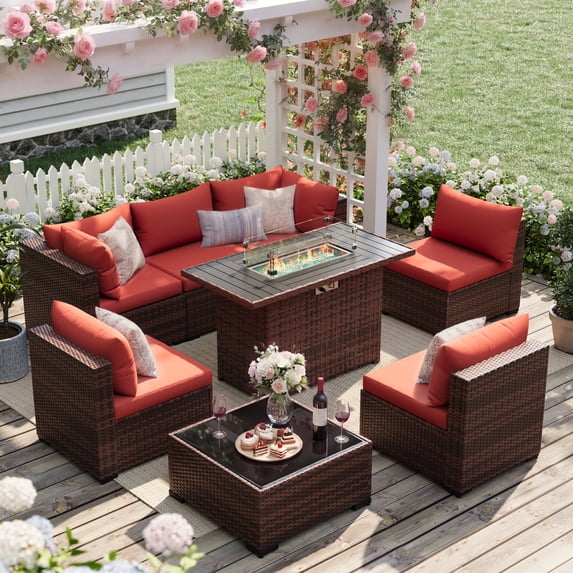 UDPATIO Patio Furniture Sets, Modular Rattan Outdoor Patio Sectional Furniture with 44" Fire Pit Table,, Wicker Patio Conversation Set for Backyard, Deck, Poolside w/Glass Coffee Table, 7PC Wine Red