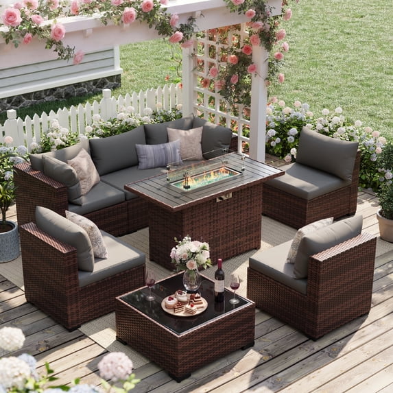 UDPATIO Patio Furniture Sets, Modular Rattan Outdoor Patio Sectional Furniture with 44" Fire Pit Table,, Wicker Patio Conversation Set for Backyard, Deck, Poolside w/Glass Coffee Table, 7PC Grey