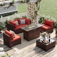 thumbnail image 1 of UDPATIO Patio Furniture Sets, Modular Rattan Outdoor Patio Sectional Furniture with 44" Fire Pit Table,, Wicker Patio Conversation Set for Backyard, Deck, Poolside w/Glass Coffee Table, 5PC Wine Red, 1 of 7