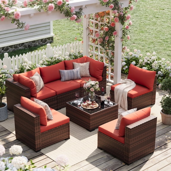 UDPATIO 7-Piece Wicker Outdoor Conversation Set with Coffee Table and Sofa, Red
